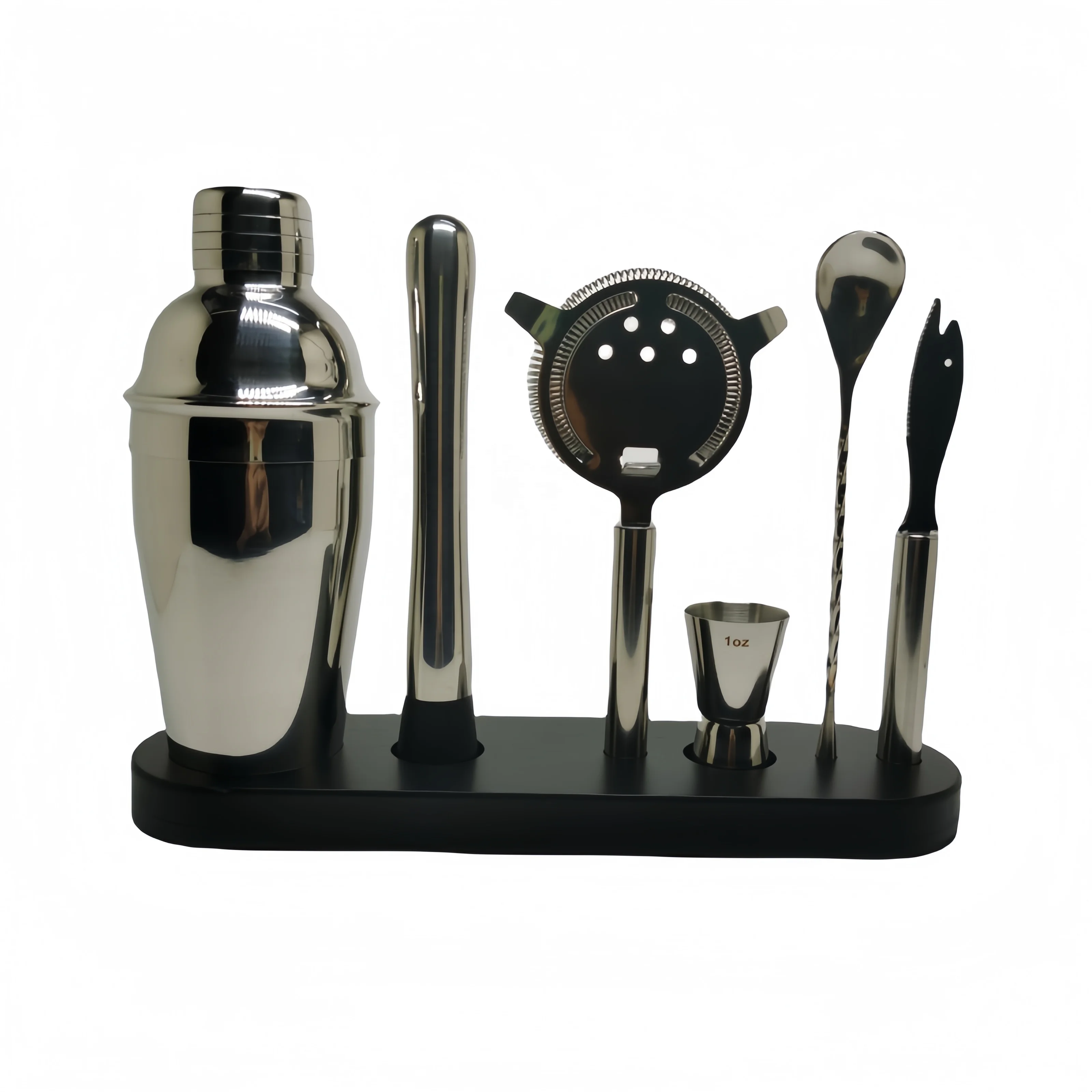 2024 Custom Logo Luxury Mixology Stainless Steel Bar Tools Set Cocktail Shaker Set with Bamboo Stand Boxed Wine Utensils