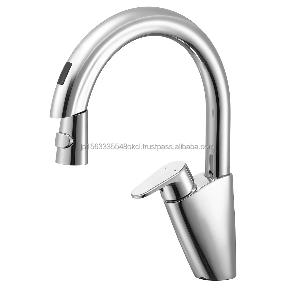 Single-Hole Deck Mounted Kitchen Faucet Silver Sensor Pull-Out Auto Water Mixing Valve Contactless Touchless Battery Operated
