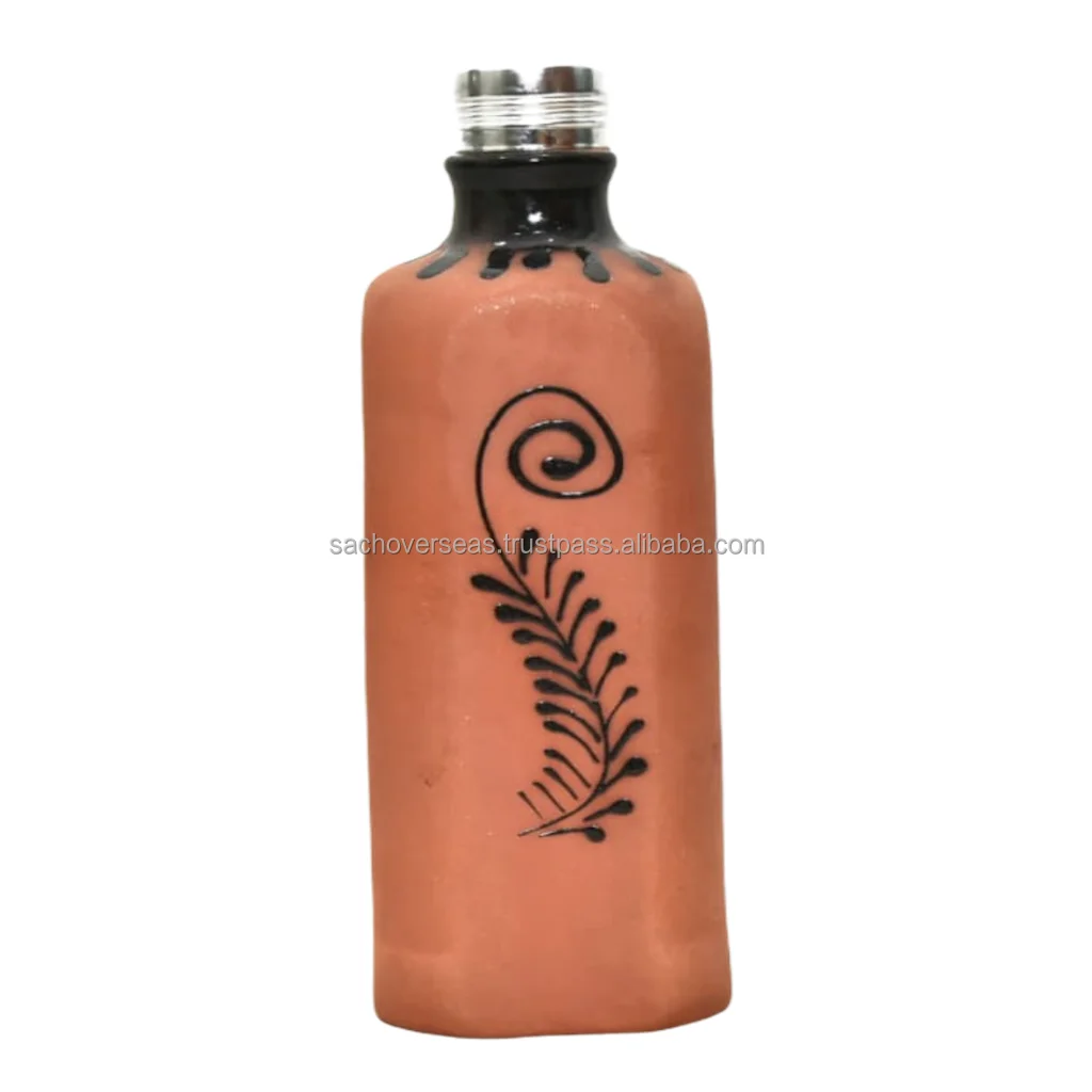 100% Handmade Indian Pottery Earthenware Brown Colour Painting Clay Water Bottle For Sale, Surai Water Bottle 1200 ML