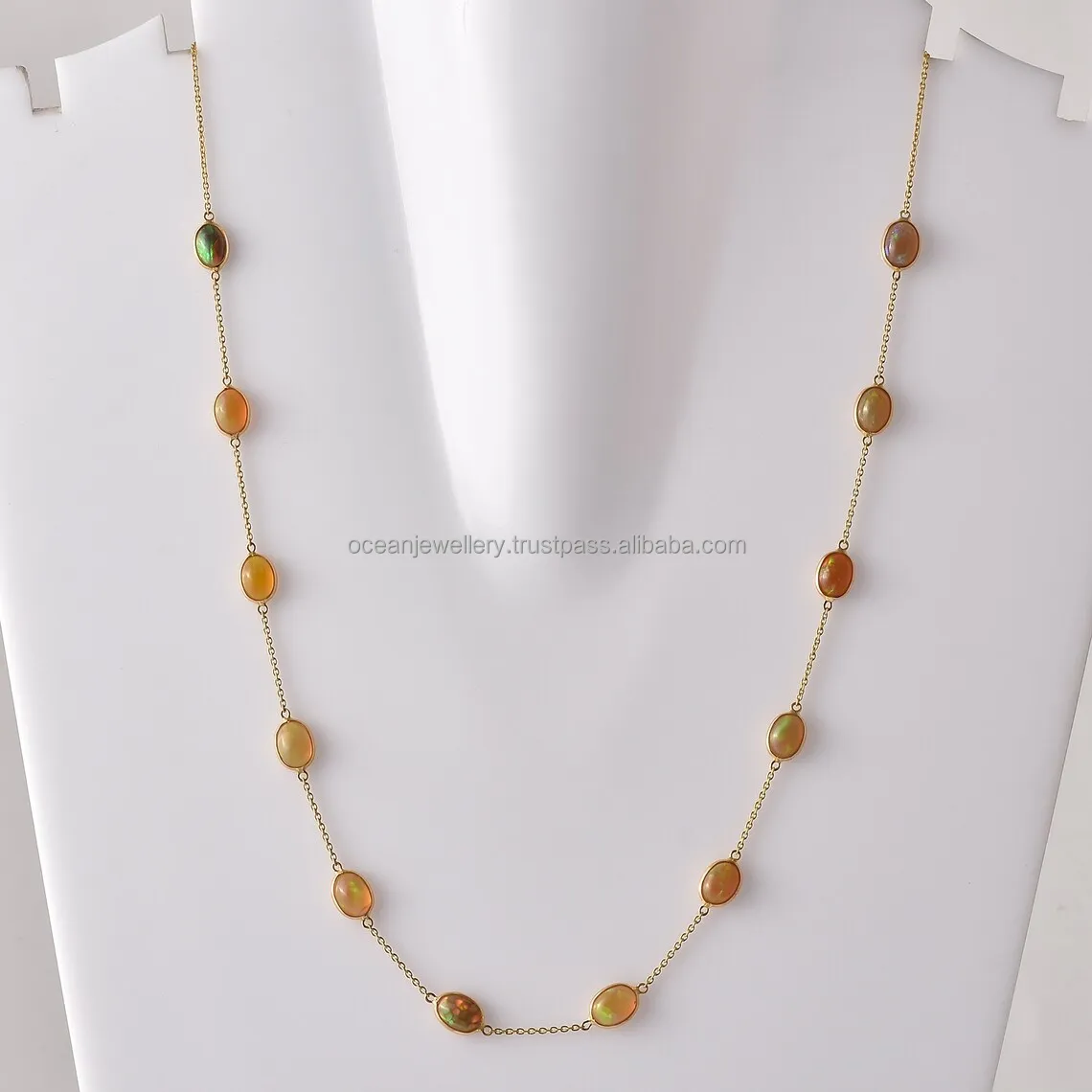 18k Gold Chain With Oval Ethiopian Opal Gemstone Necklace Yellow Gold Gemstone Charm Necklace Ethiopian Opal Necklace