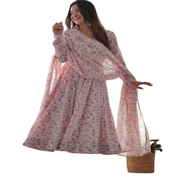 Premium Quality Long Anarkali Gown With Digital Printed Organza Silk festive wear gown with dupatta readymade in low price