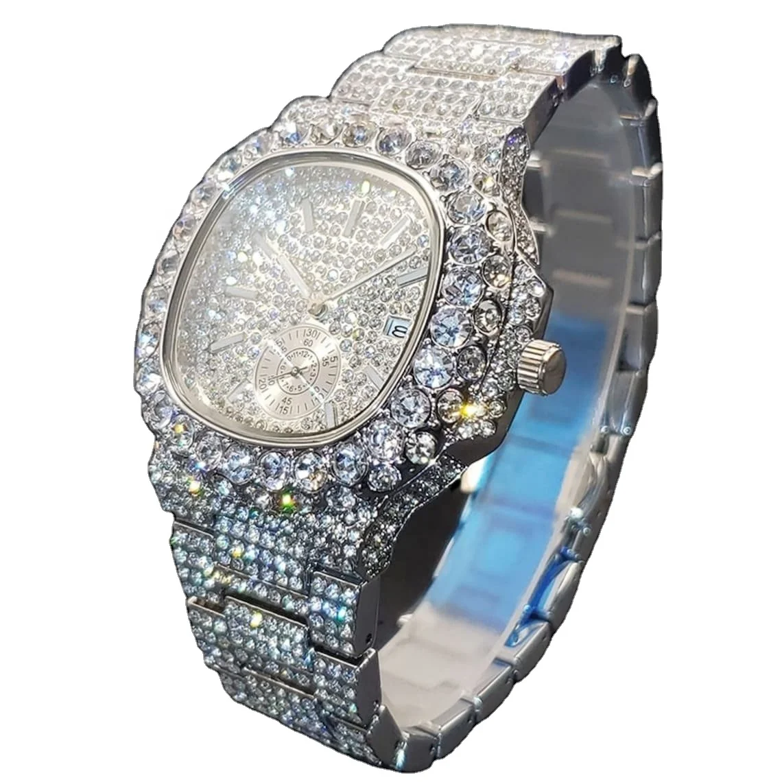 Luxury Unisex Stainless Steel ETA Watch Bling Iced-out Moissanite Watches Gold Wristwatch Analog Super Clone Quartz Fashion