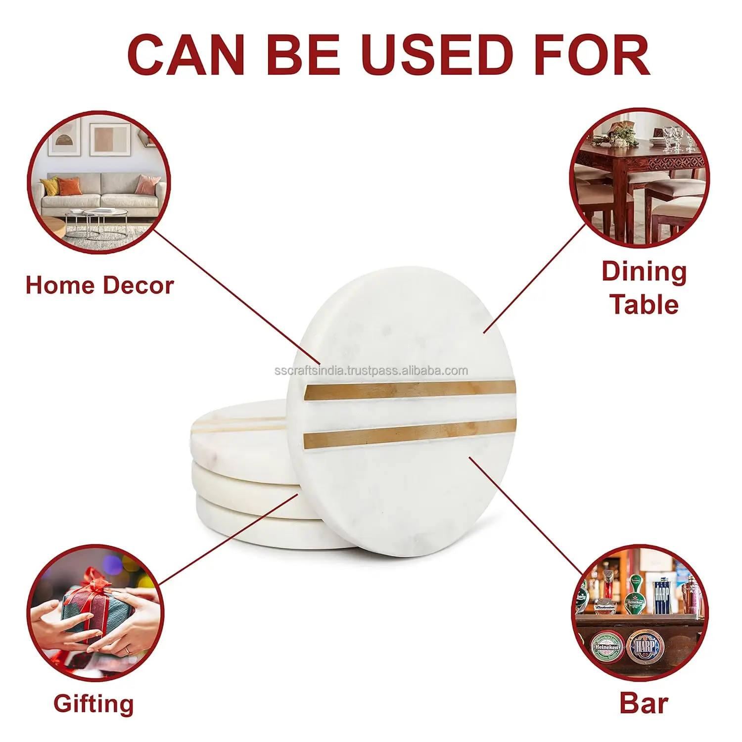 Marble Coasters Set of 4 with Brass Insert Round 10 cm X 10 cm Heat Resistant Drink Tea Coasters Natural Wood And Marble Indian