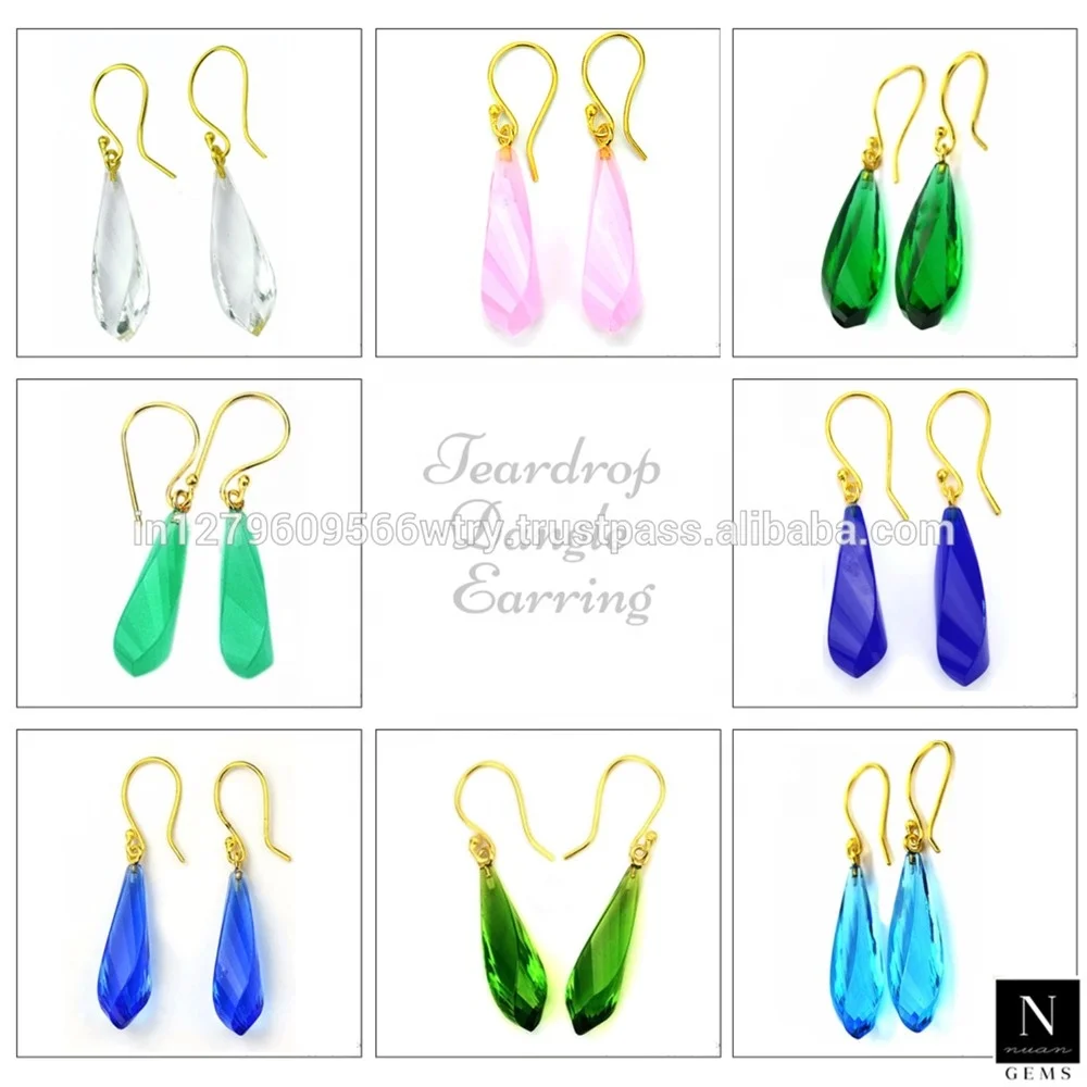 Wholesale Gold Plated Emerald Gemstone Drop 48x9 MM Dangle Charm Earrings