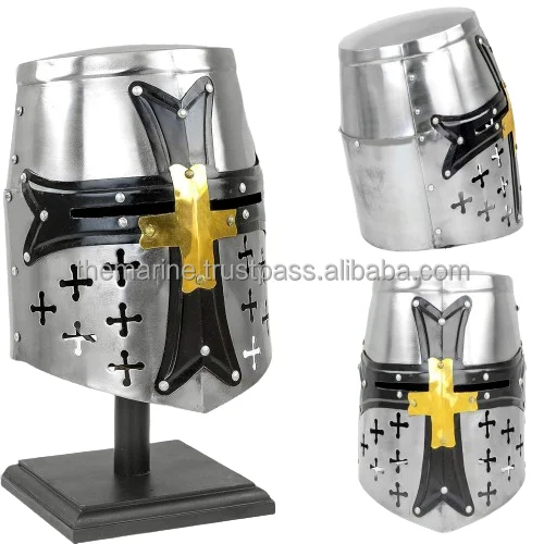 Medieval Templar Crusader Knight Armor Helmet with Cross & Wooden Stand | Greek Roman Spartan Halloween Costume For Adults