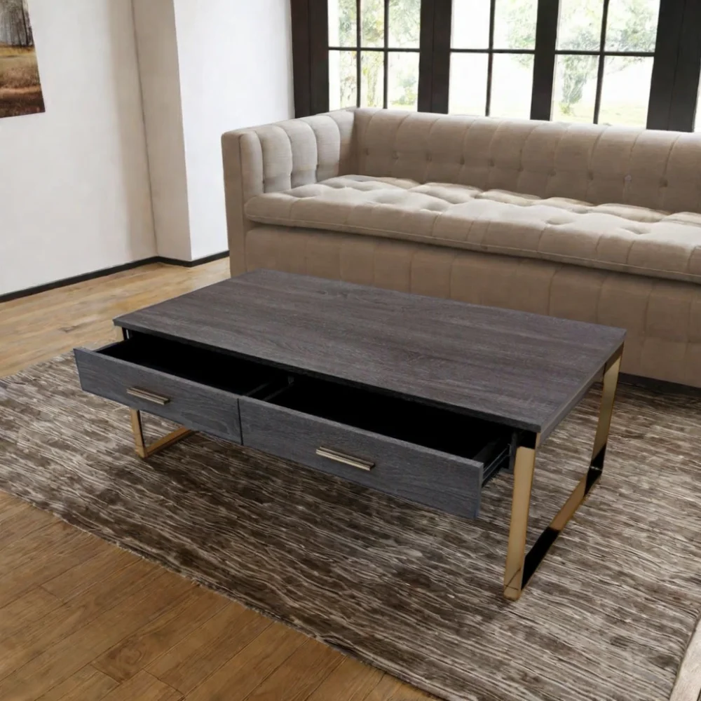 Rustic Wooden Coffee Table with 2 Drawers Small Tea Table Adjustable Metal Laptop Desk Living Room Featuring Storage Features