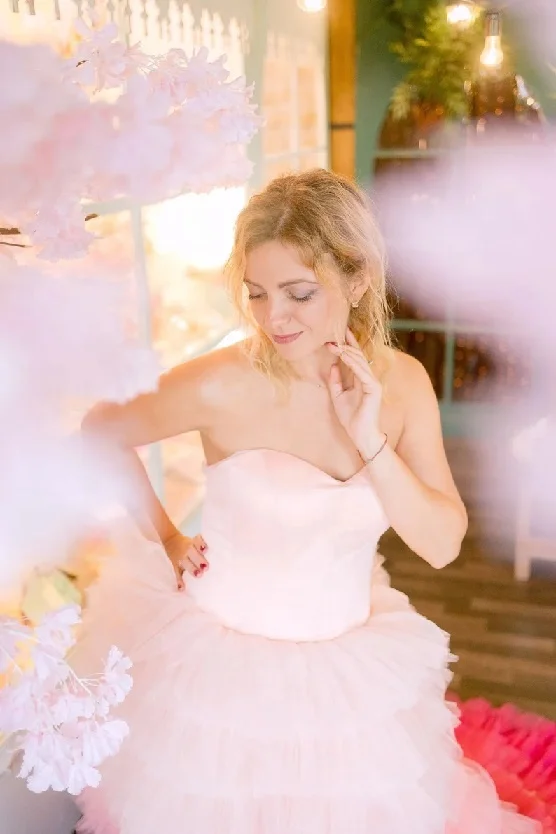 Indian Handmade Peach Tiered Gown For Photoshoot Women Pink Wedding Dress