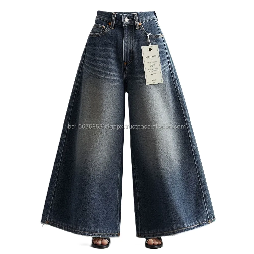 Cotton Denim Jeans Ladies Wide Leg Flared Bell-Bottom Casual Style Washable High Street Boot Cut Belt Embroidery Decoration