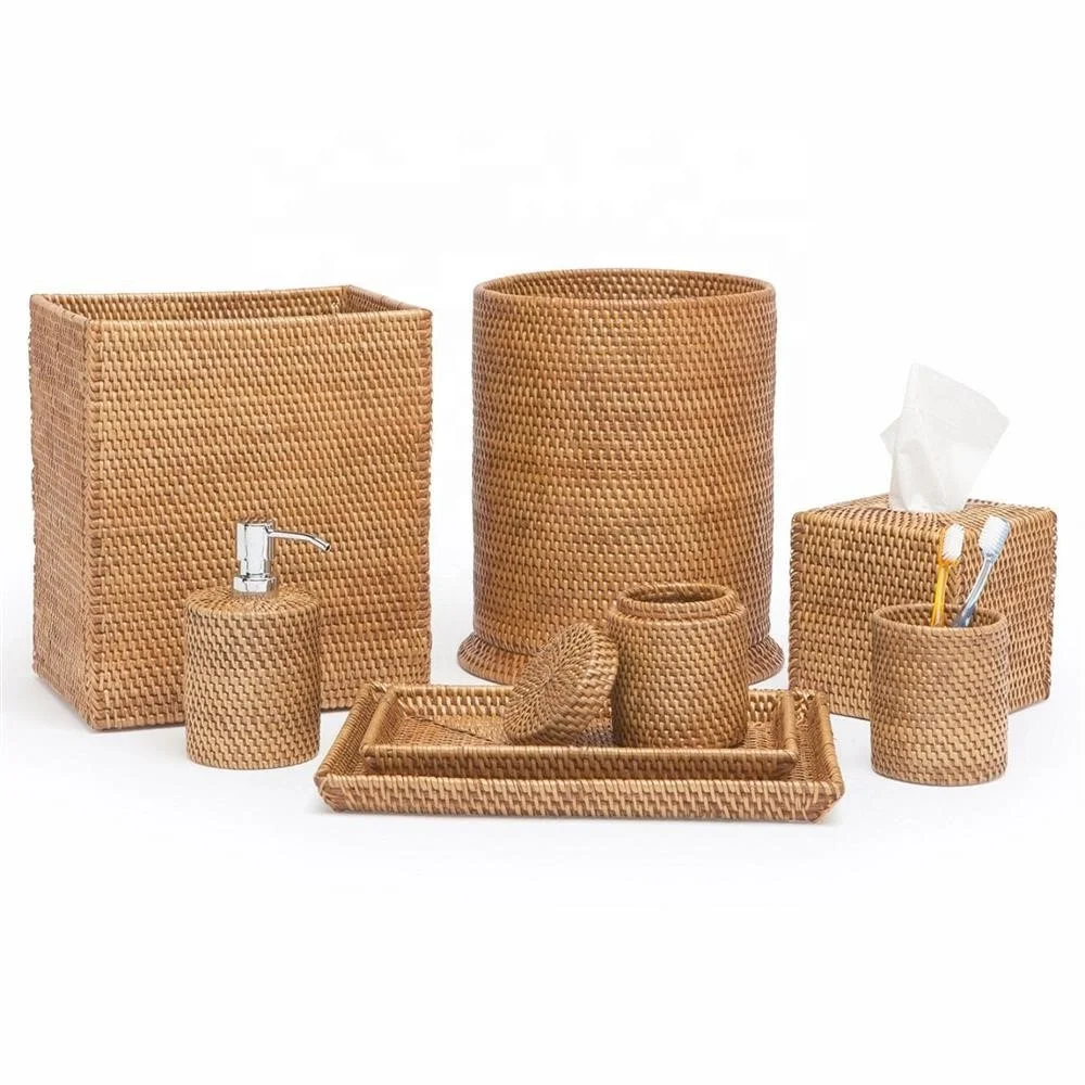Hot Sale Natural Handwoven Rattan Waste Basket Bathroom Accessories Hotel Supplies OEM Variety of Size from Vietnam Manufacturer