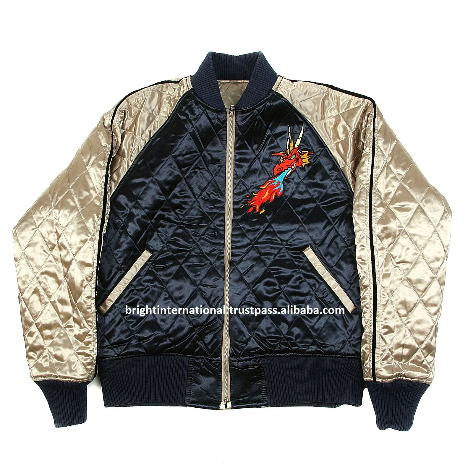 
OEM Custom Varsity Silk Reversible Quilted Jacket with Embroidered Claw Hungry Dragon Japan Bomber Jackets black body Plus Size 