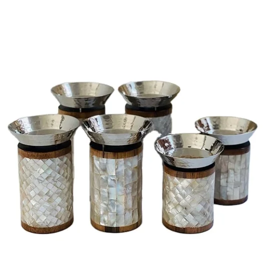 Arabic Style Ramadan Eid Wedding Gift Mango Wood Mop Inlay Metal Bowl 6 Pcs Set Dessert Serving Bowl Food by Quality Handicrafts