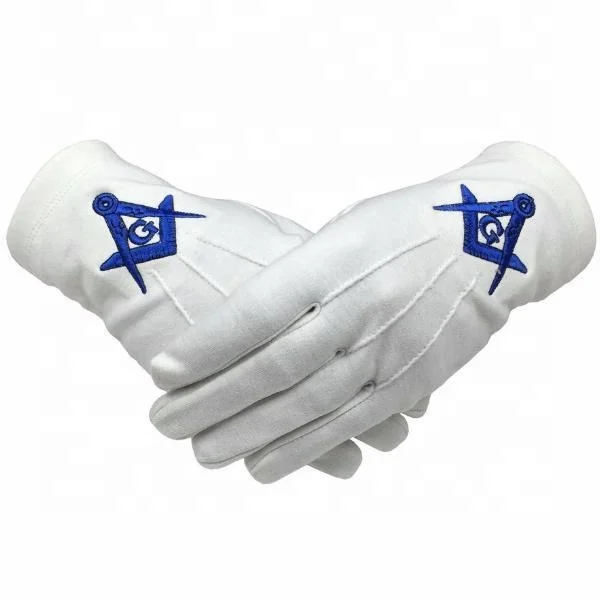 Master Mason Blue Lodge Gloves - White Cotton Machine Embroidery Freemason Cotton Gloves
