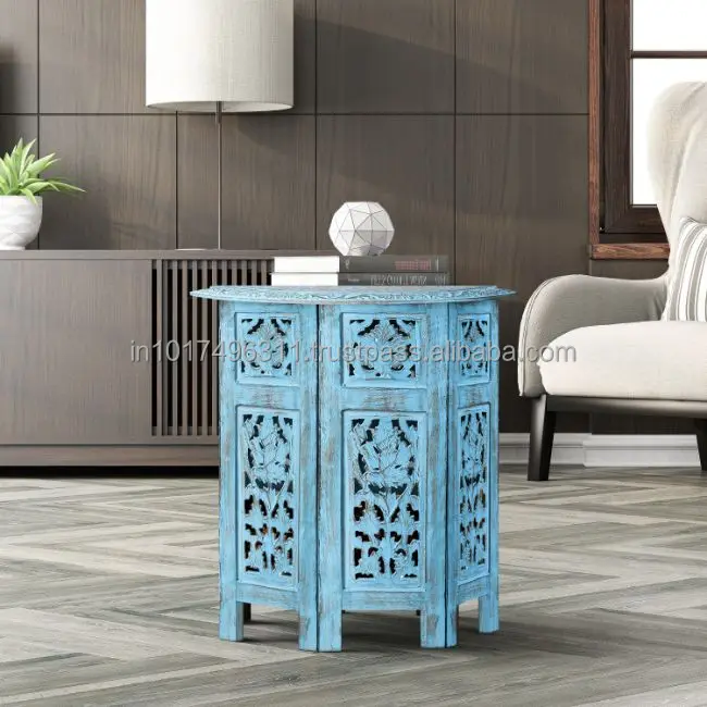 Wooden Handcrafted Carved Antique Solid Folding Sky Blue Coffee Table Wood Side (Finish Color - )