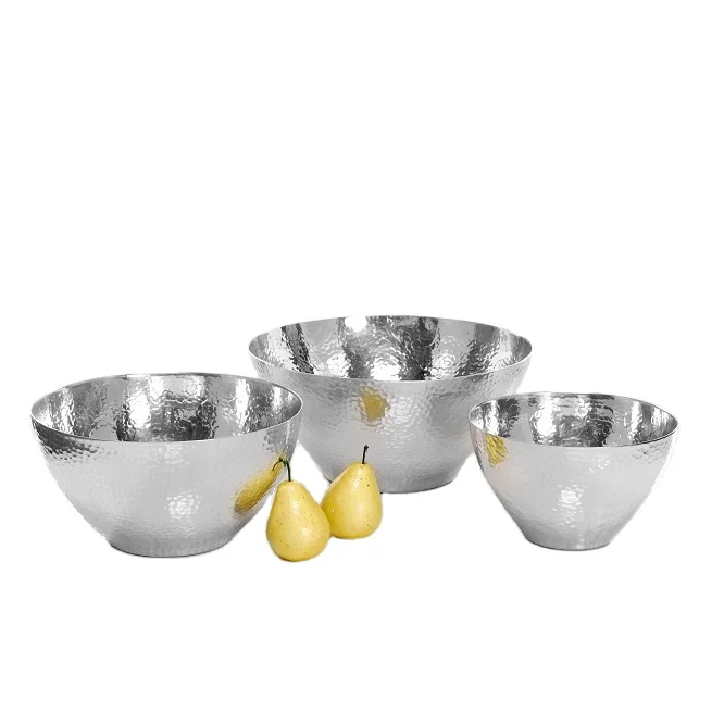 Latest Design Stainless Steel Silver Polished Hammered 3 Piece Serving Bowl For Home Hotel Table Top Nuts Fruit Bowl