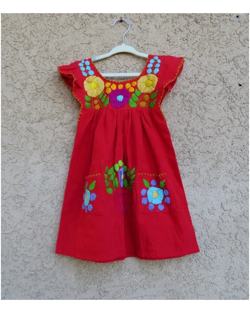 A Custom Handmade Cute Matching Red Mexican Mini Mommy & Daughter Cotton Outfit With Beautiful flower embroidery Perfect Dress