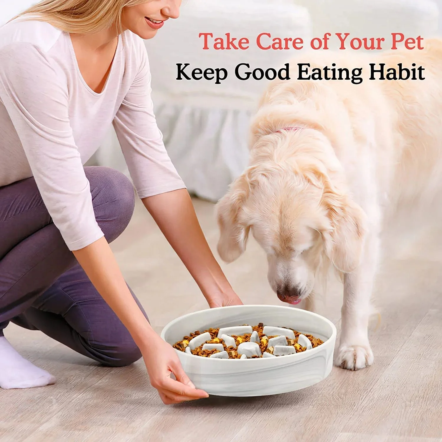 Marble White Anti-Slip Pad Special Design Ceramic Slow Feeder Dog Bowls Dog Slow Feeder Bowl for Small Medium Large Breed