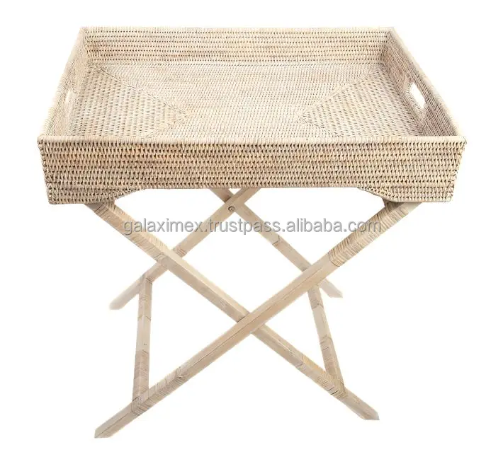 Whitewash wicker rectangular rattan butler tray with strong leg for kitchen accessories rattan serving trays