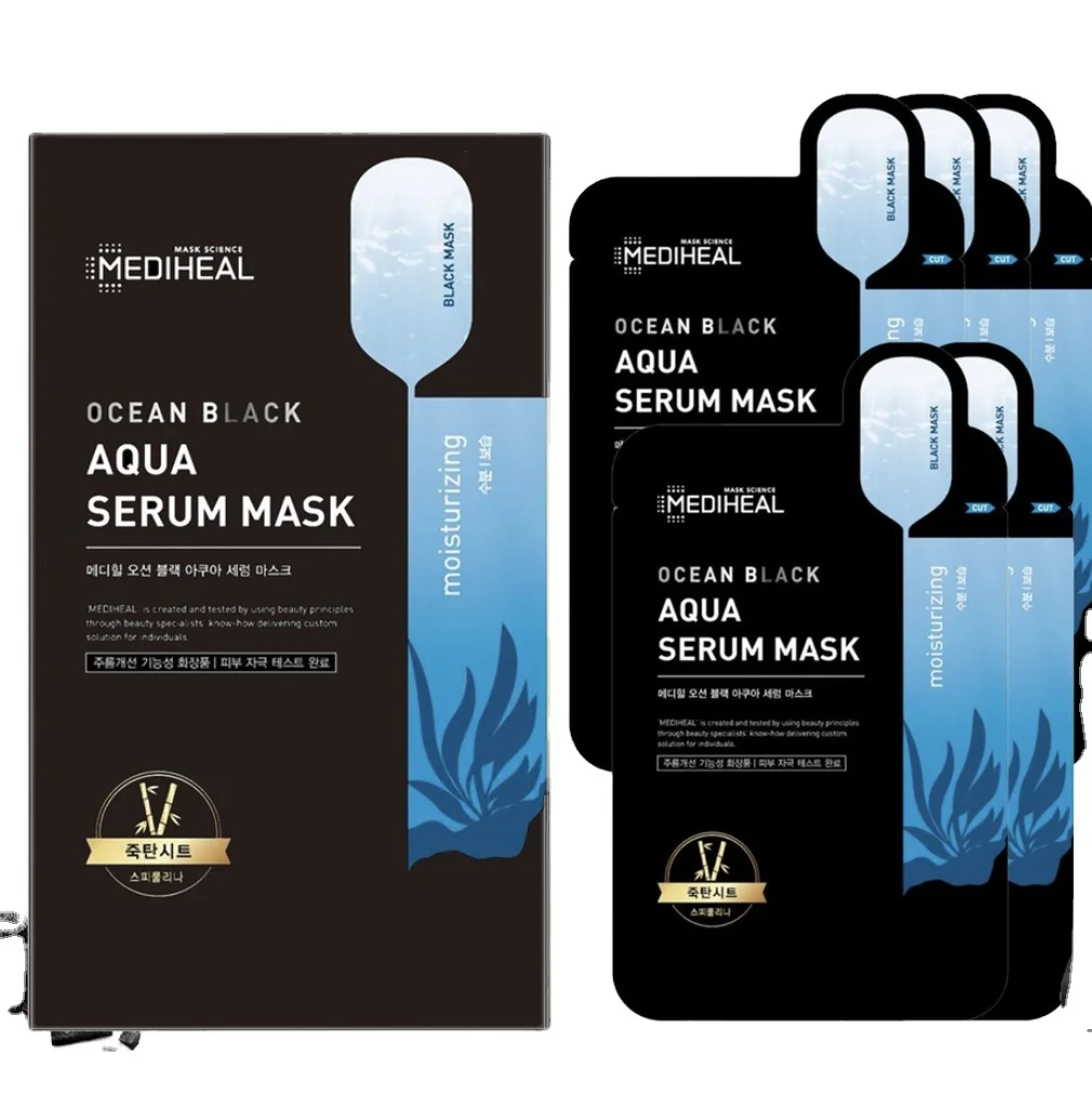 MEDIHEAL Ocean Black Aqua сыворотка 25 мл x 5 листов увлажняющая отбеливающая угольная маска коробка коллагеновая Ага Горячая брендовая для лица