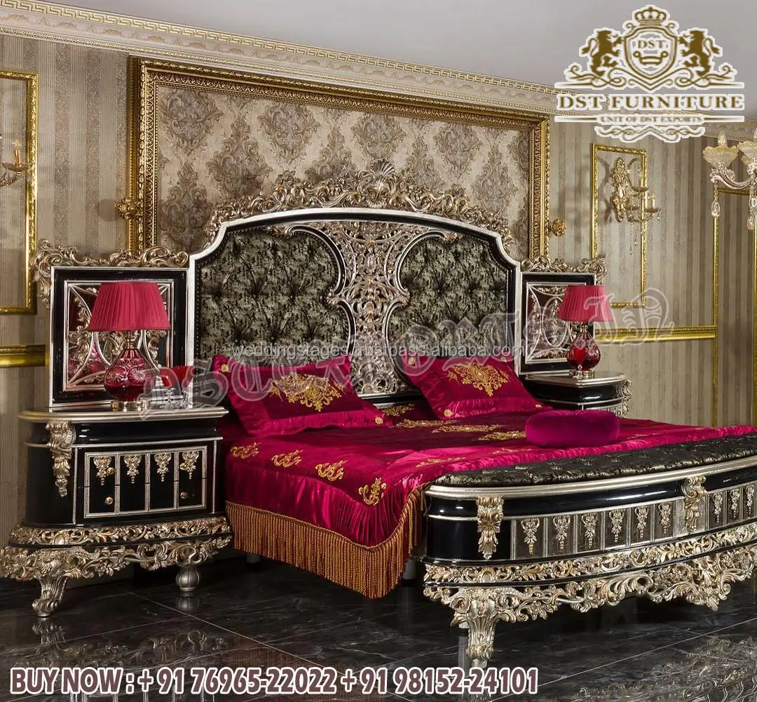 Heart Shaped Queen Size Carved Bed With Side Table Red Gold Finish Queen Size Wooden Bed Luxurious Carved Queen Size Bed