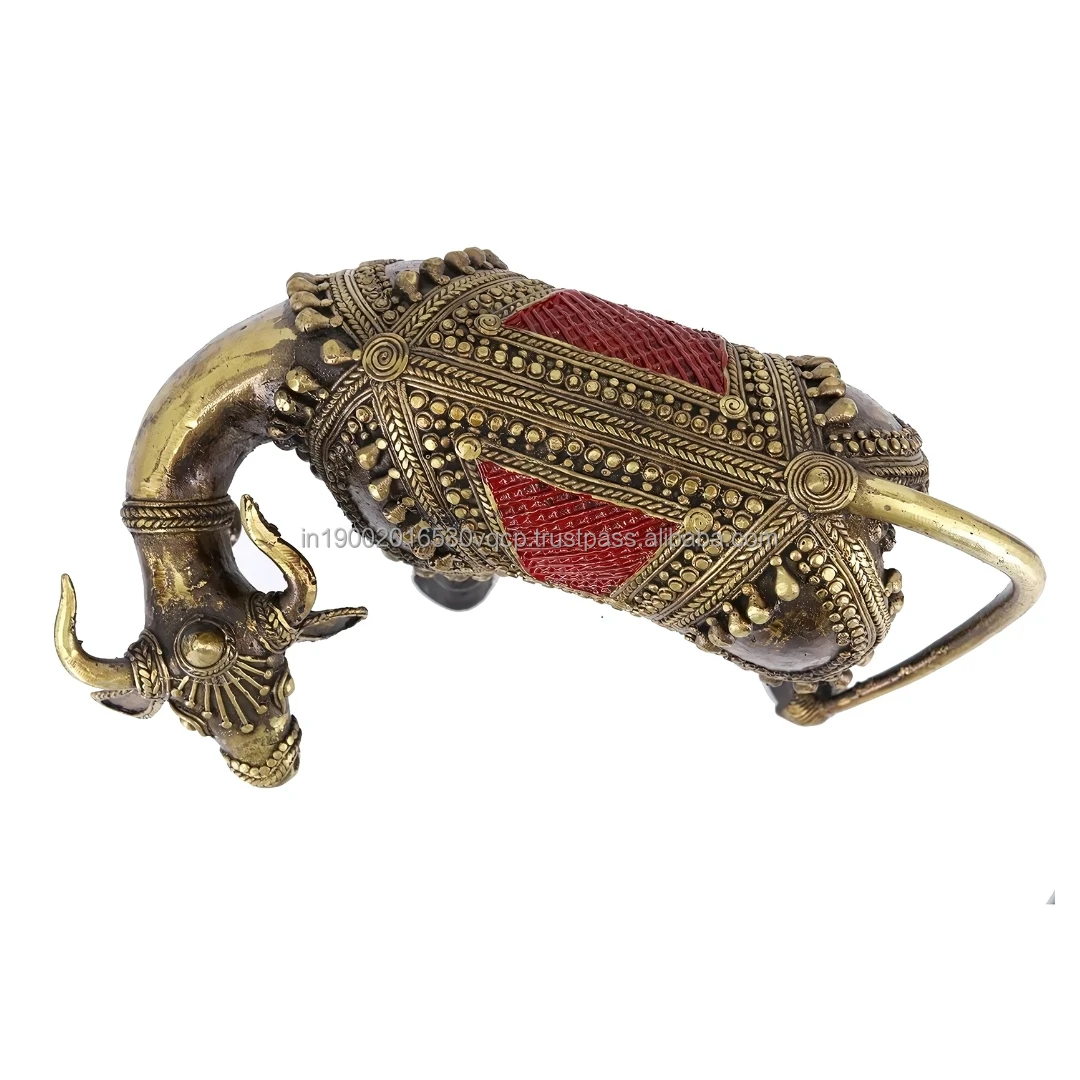 Tribal Pure Brass Goddess Art Cow Grazing Nandi Statue 8.5 x 6.5 Inch Multicolor Handcrafted Metal Cow Statue Home Decoration