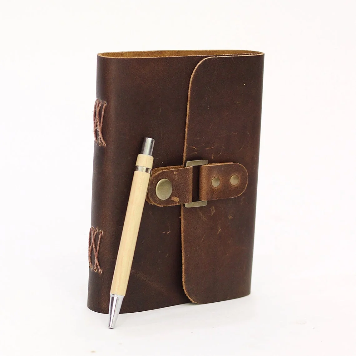 Rustic Leather Journal Notebook Vintage Leather Antique Snap Button Closure Travel Journal Dairy White Wood Free Paper