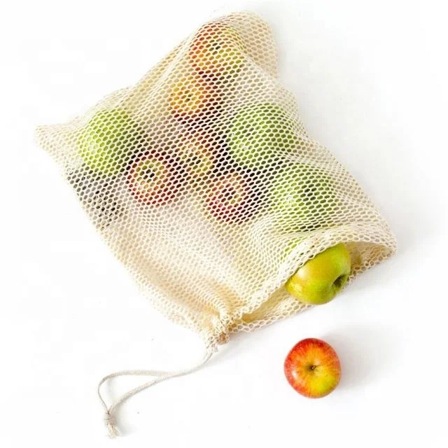Reusable Eco Friendly 100% Organic Mesh Drawstring Storage Net Bag Cotton Mesh Bags Set for Fruit Vegetable Laundry