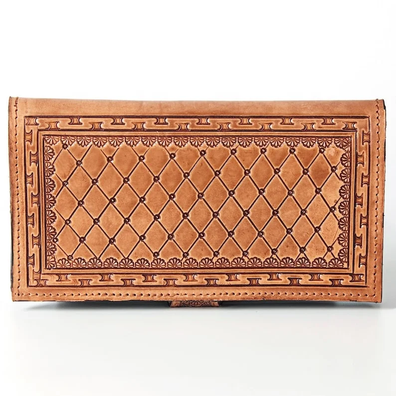 Handtooled Genuine Cow Leather Wallet with Zipper Handmade Card Cash Slots Purses and Coin Holders