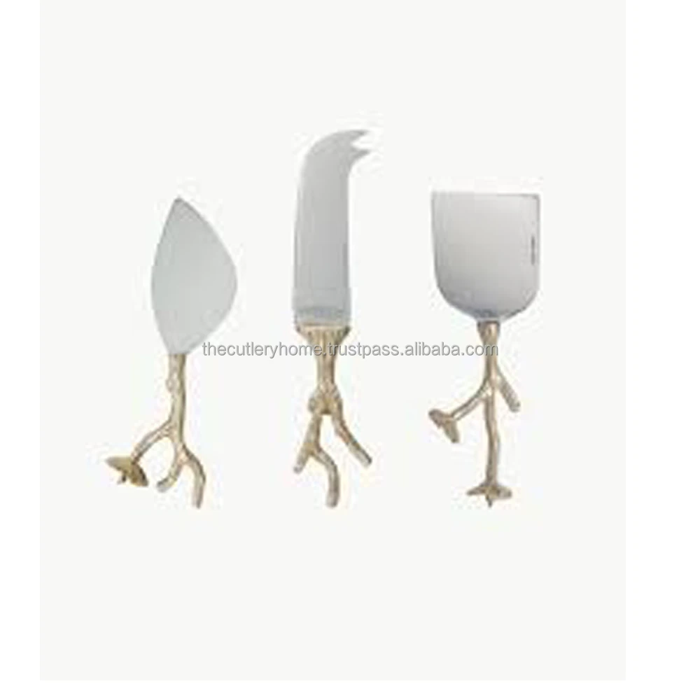Stainless Steel Cheese Set with Rustic Handmade Brass Nickel Platted Handle Decorative Brass Cheese Set