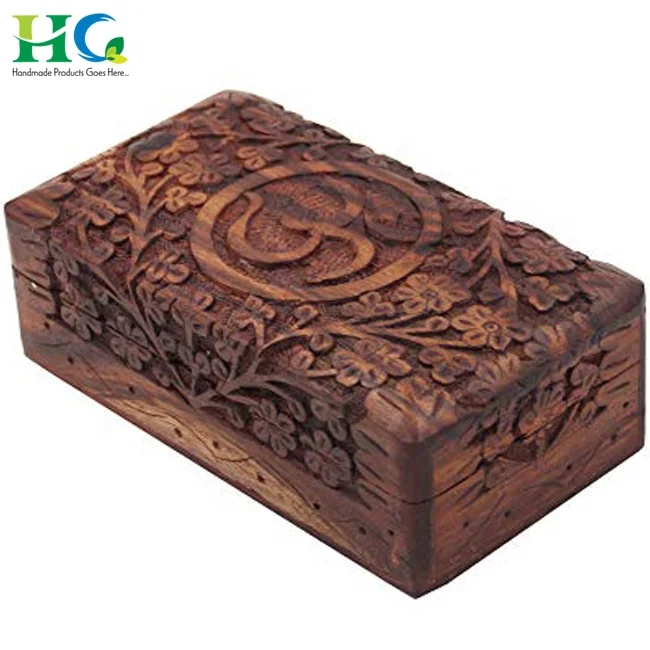 OHM design Wooden Box Decorative Gift/Wooden Dry Fruit Box with Hindu Ohm Design / Wooden Small Storage Box