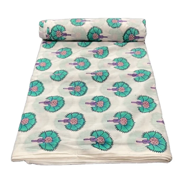 Indian Block Print Floral Cotton Fabric by the Yard Hand-Printed Lightweight Sewing Dressing & Cover Making Material