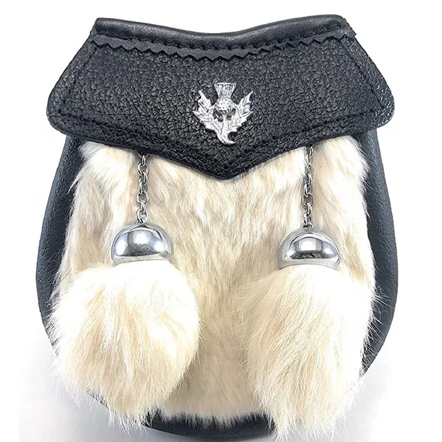 
White Genuine Fur Baby/Kids Kilt Sporran With Chrome Thistle Badge And Two Tassels 