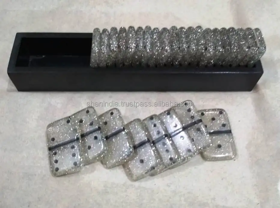 Domino sets Indian Handmade Metal Dots Resin 28 chips and Tray Domino Games for Kids and Adults