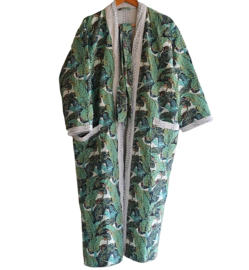 Night Wear Dress Kimono Hand Block Print Floral Kantha Jacket Block Printed Kantha Kimono Long Bath Robe Dressing Gown Cotton
