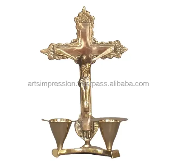 meta brass stylish church cross with candle bowl high quality home decor metal Christian church art metal hanging church cross