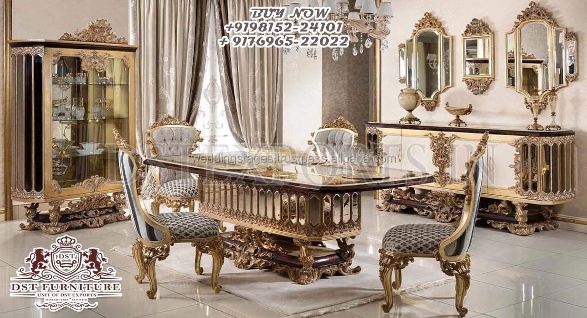 Роскошная золотая Глянцевая мебель для столовой Золотой резной красный обеденный стол со стульями традиционная Золотая