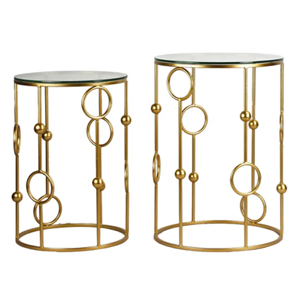 Unique Iron Side Table in Brass Plated Gold Color with Black Glass Top Indoor Outdoor side Table Set Of 2