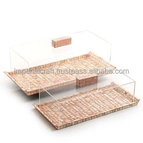 NEW HANDCRAFTED WOODEN  MOTHER OF PEARL WITH ACRYLIC BOX SERVING TRAY NEW MODERN FLORAL DESIGN