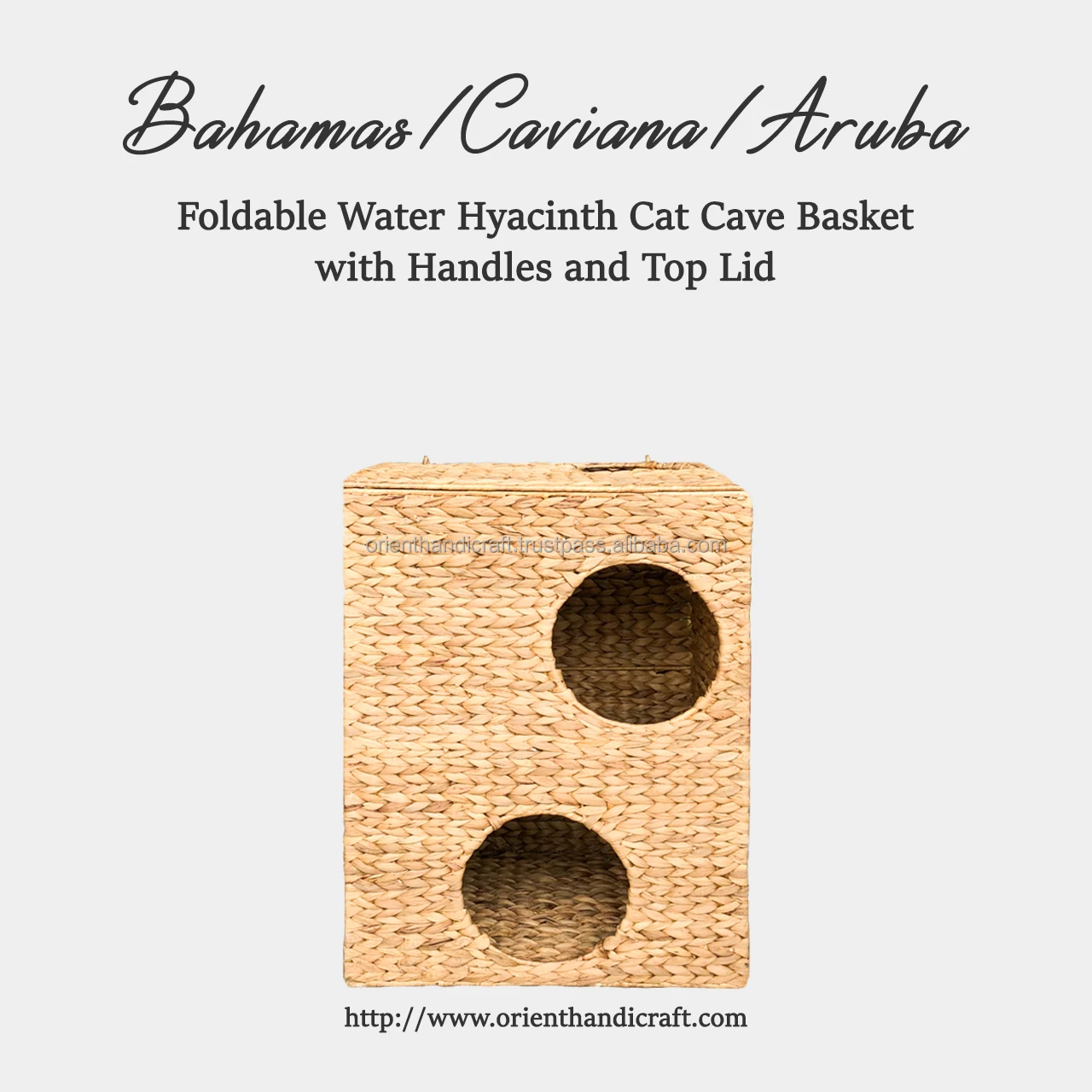 BAHAMAS/ CAVIANA/ARUBA Foldable Water Hyacinth Cat Cave Basket  with Handles and Top Lid for Pet with cushion