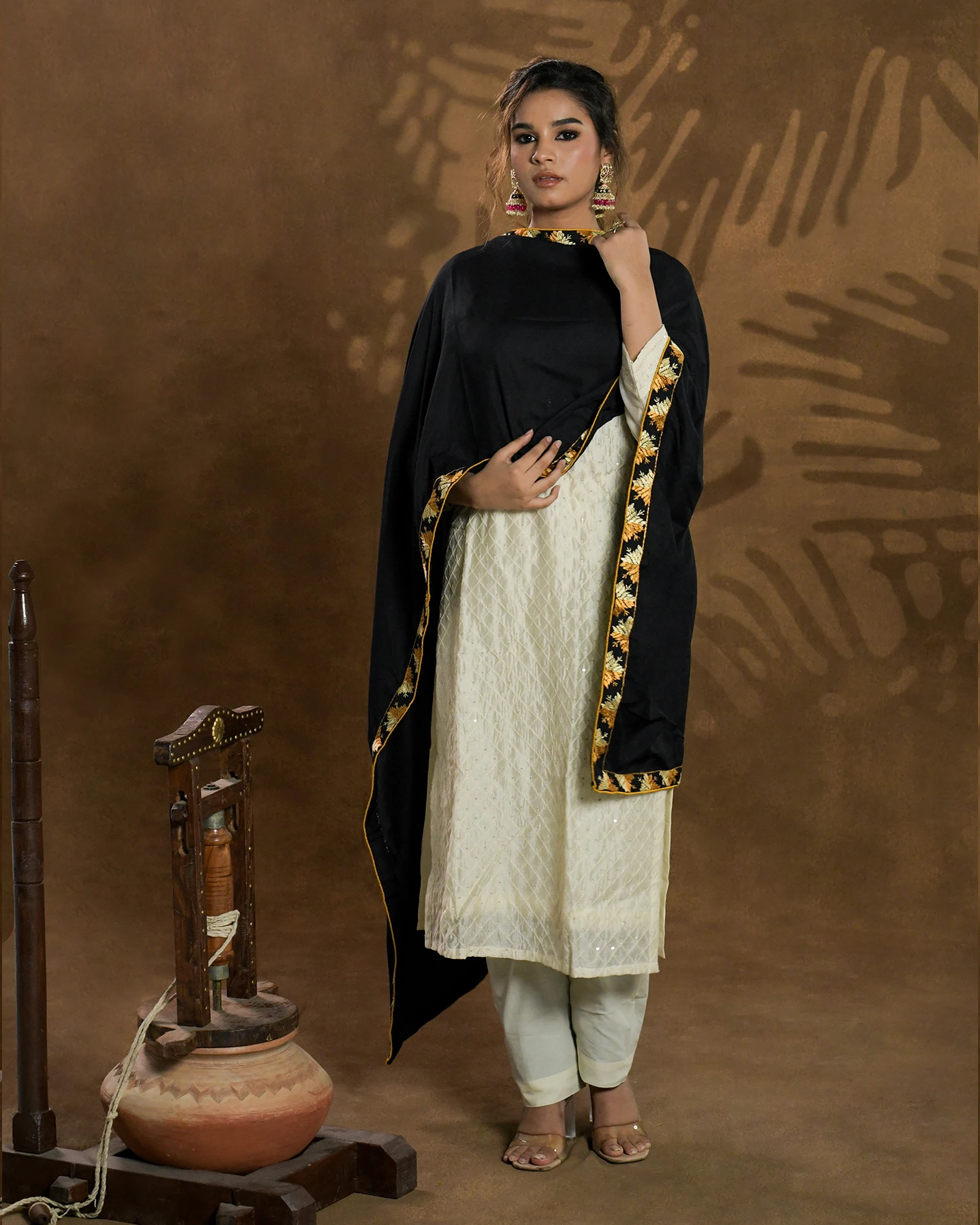 Top Quality Pure silk Handmade Hand Embroidered Phulkari black Women Wear dupatta