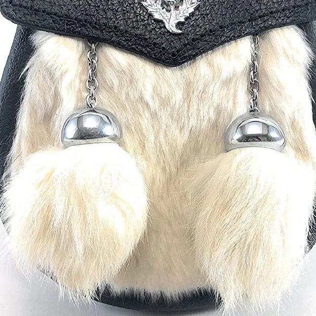 
White Genuine Fur Baby/Kids Kilt Sporran With Chrome Thistle Badge And Two Tassels 