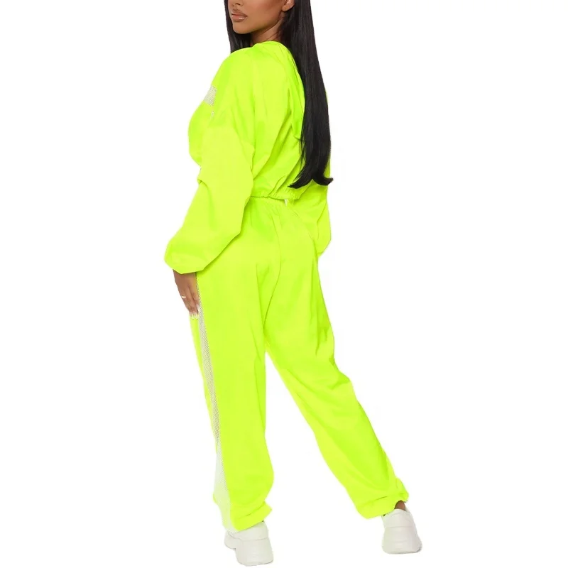 Long Sleeve Pullover Neon Cropped Jacket Women Drawstring Waistbreaker Jogger Pants Sefffffh