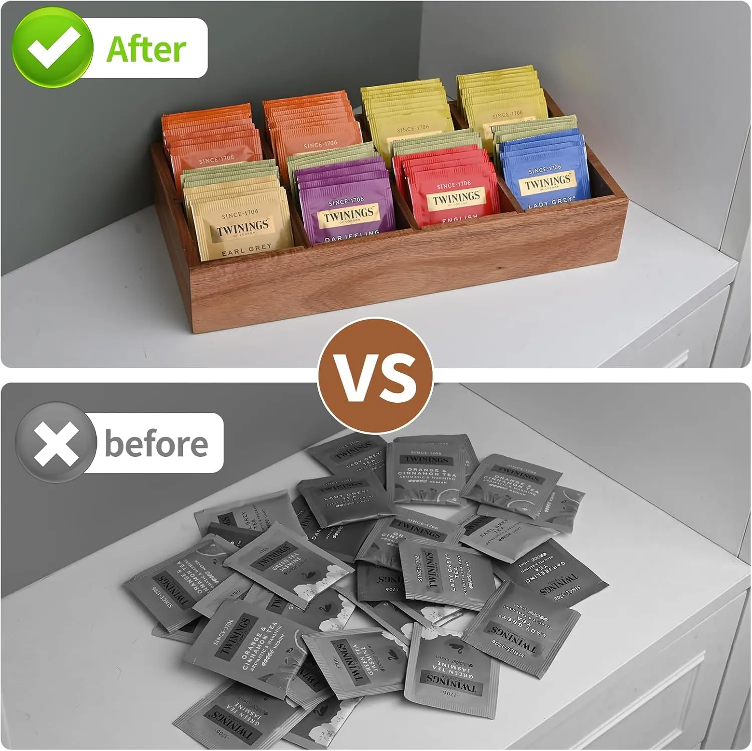 Multifunctional Acacia Wooden Tea Bag Storage Organizer with 8 Compartments Tea Storage Box with Removable Divider