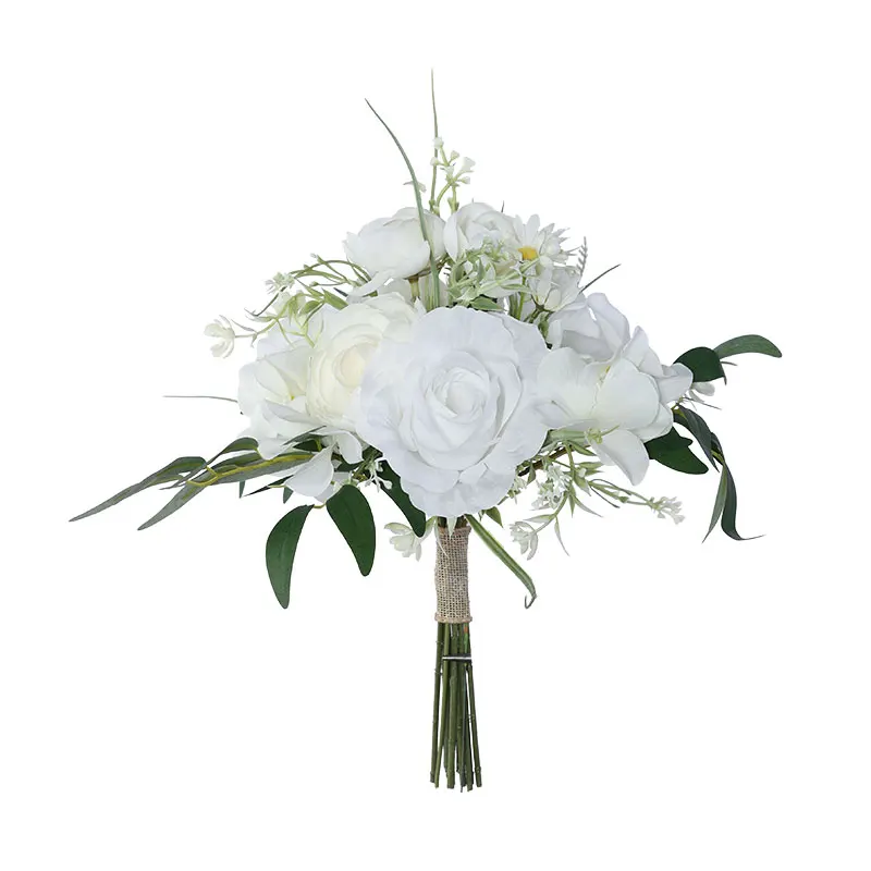 White Simulated Silk Bridal Bouquet Sparkling Roses Wedding Artificial Flowers