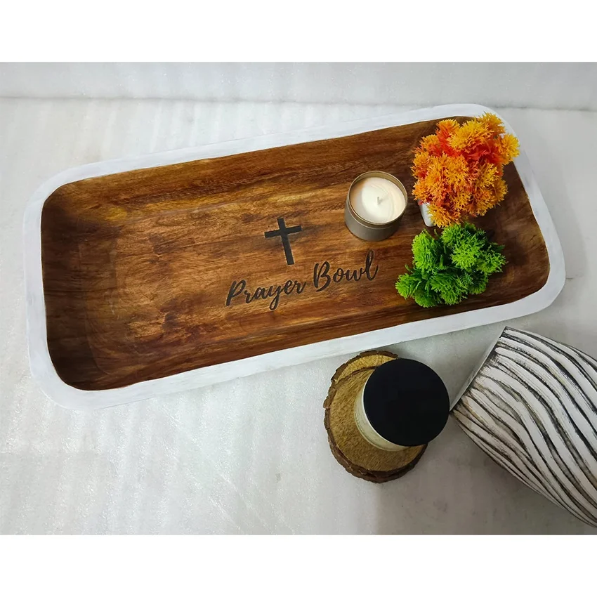 Large Vintage Brown Wooden Prayer Dough Bowl Rustic Religious Christian Cross Engraved Home Decor Art Christmas Church Candle
