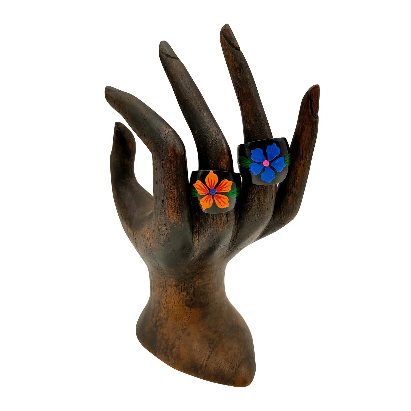 Fashion Jewelry Vintage Black Wooden Floral Leaf Hand Painted Assortment Boho Chic Rings For Women Men