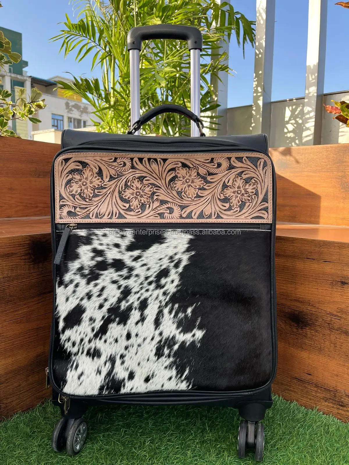 Tooled Leather Travel Trolley Bag for Unisex Hair On Genuine Cow Leather Floral Carry On Luggage Durable Luxury Rolling Suitcase