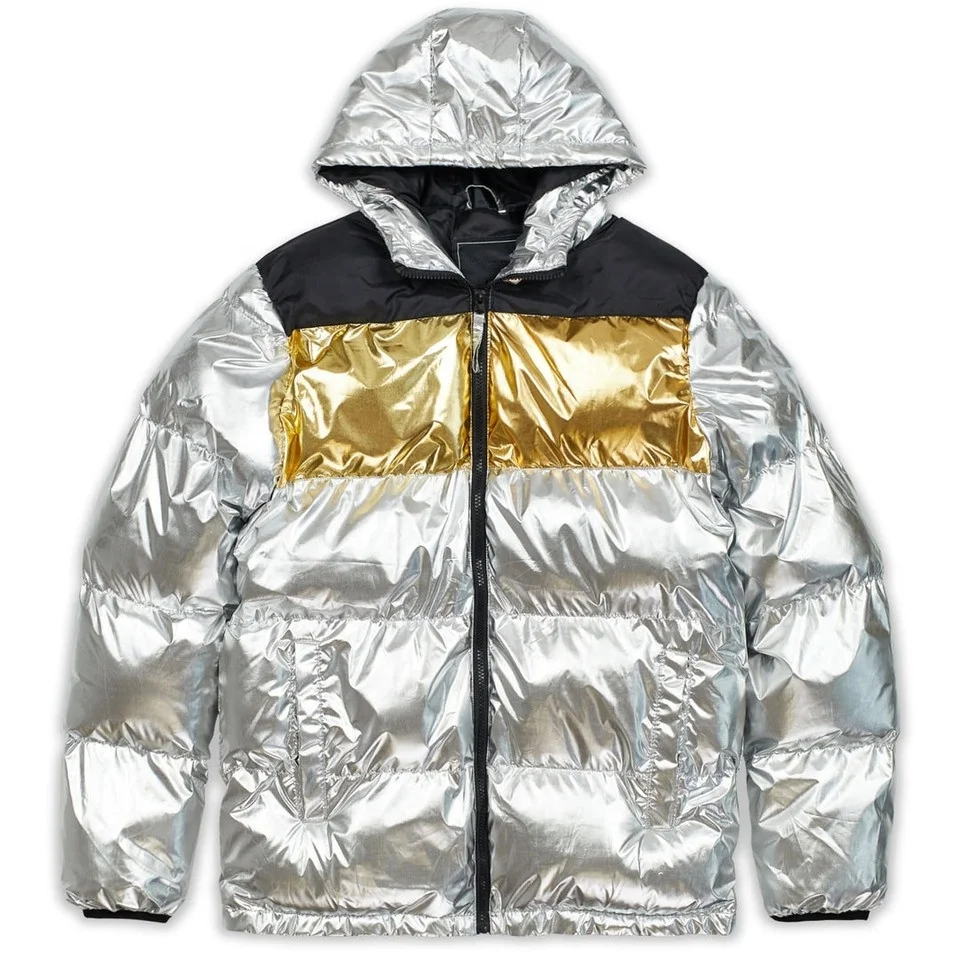 Custom OEM Fashion New Design Winter Nylon Fabric Zip Hooded Shiny Bubble Coat Silver Down Puffer Jacket Men