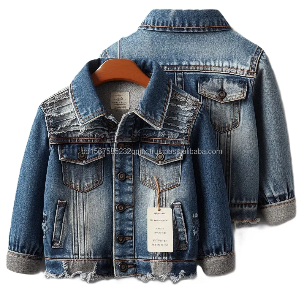 OEM Wholesale Jeans Jackets 8-11 ozs Cotton Washed Woven Denim Unique Designs Trending Styles Fashionable Denim Coat for Kids