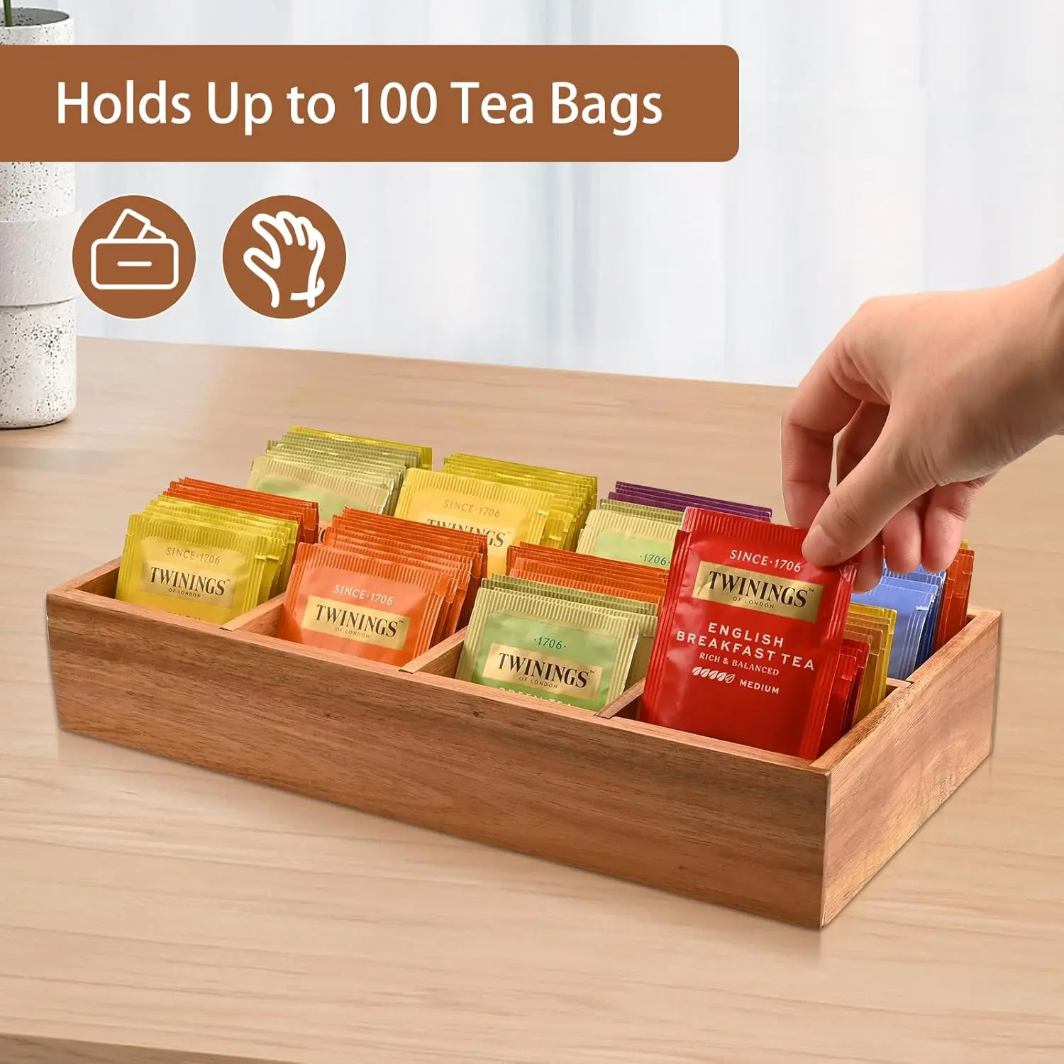 Multifunctional Acacia Wooden Tea Bag Storage Organizer with 8 Compartments Tea Storage Box with Removable Divider