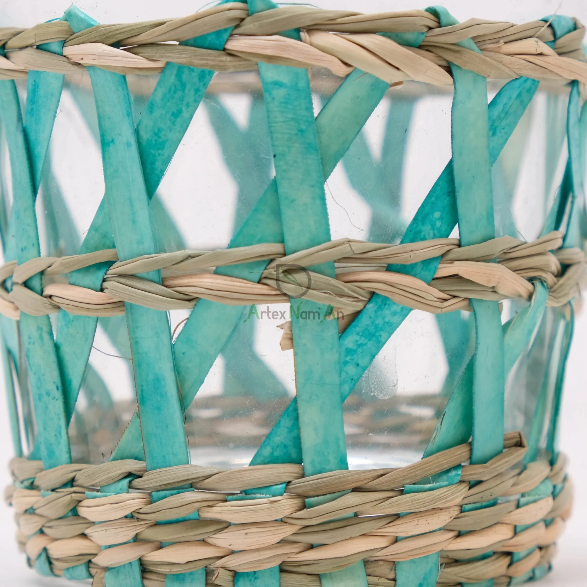 Modern Eco-Friendly Glass and Seagrass Candle Holder Handmade round Lantern with Metal Cup for Home Decoration